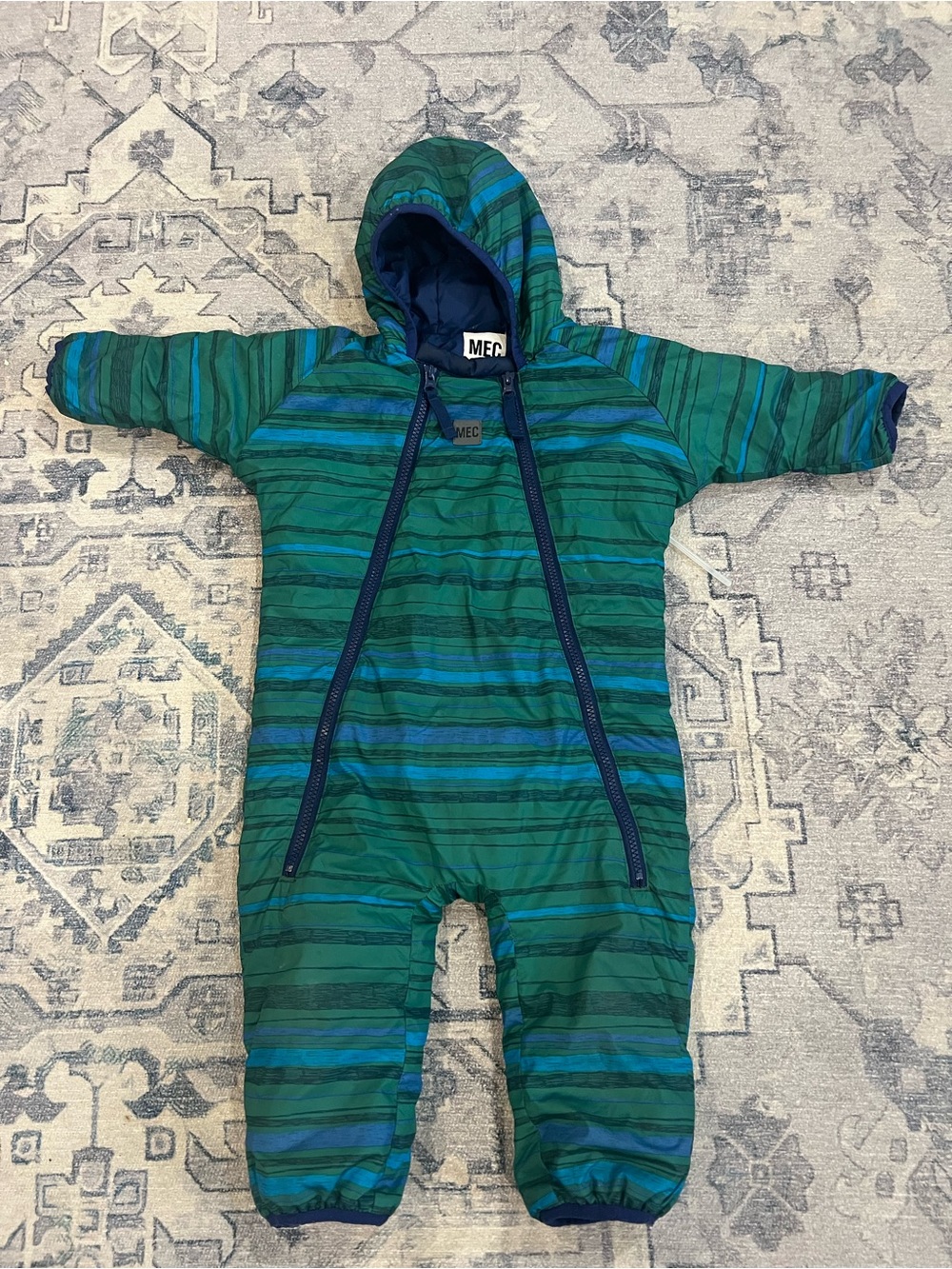 MEC Baby Snowsuit One Piece Hooded Insulated 12M Green Blue Stripe